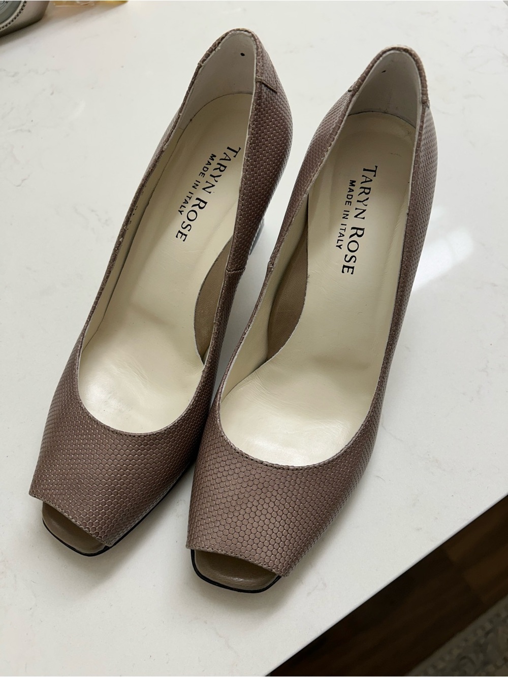 Taryn Rose Taupe Textured Peep-Toe Pumps